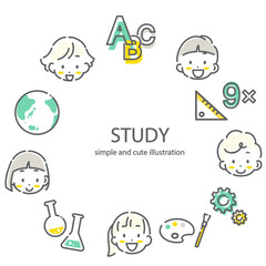 小学生と教科アイコンのフレーム　シンプルでかわいい線画イラスト