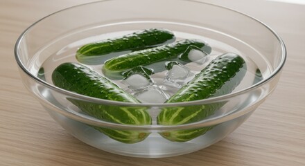 Obraz premium ucumbers in a bowl with water and ice, chilled, on a kitchen table