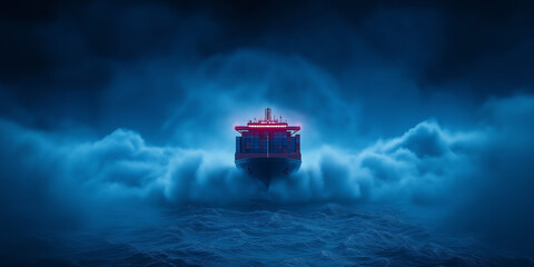 Naklejka premium A cargo ship sailing through stormy ocean waters evoking a sense of power and perseverance.