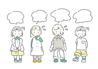 自信を持てず悩む子供たち　シンプルでかわいい線画イラスト