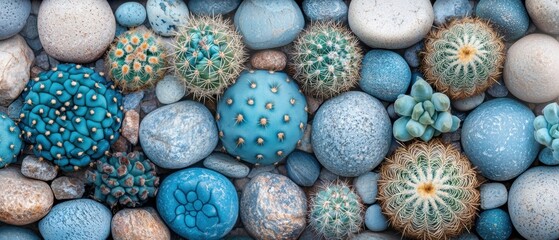 Obraz premium A collection of blue and white cacti and rocks