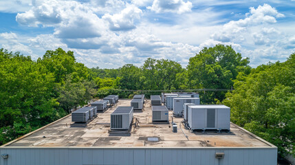 Aerial view of large commercial building rooftop with multiple air conditioning units, surrounded by lush green trees under partly cloudy sky