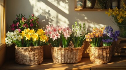 Fototapeta premium Spring flowers in woven baskets, sunlight filtering through window