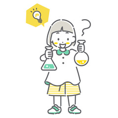理科の勉強にワクワクする小学生　シンプルでかわいい線画イラスト