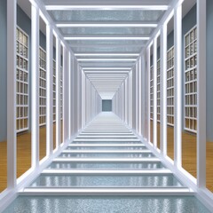 Obraz premium Abstract perspective of a long, bright hallway with reflective floor and walls, creating an infinite illusion. White frames and light blue mosaic
