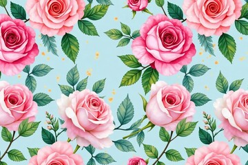 Delicate watercolor roses & leaves, repeating pattern , background, seamless