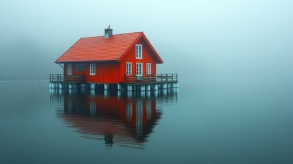 Fototapeta premium Serene Red House on Still Lake in Misty Morning