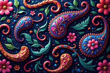Intricate swirling paisley pattern in rich jewel tones, fabric, texture