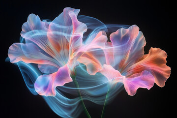 Pastel-colored flowers on a holographic display, petals swirling like mist against a dark, isolated background.