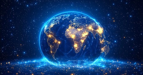 Digital Earth Visualization Showing Glowing Cities and Network Connections Representing Global Communication and Connectivity within Technological World of Future