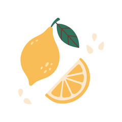 Lemon illustration. Fruit illustration. Lemon icon. Organic vitamins and healthy nutrition. Isolated Lemon with green leaf, seeds. Flat design, doodle style. Graphic print for t-shirt. Vector