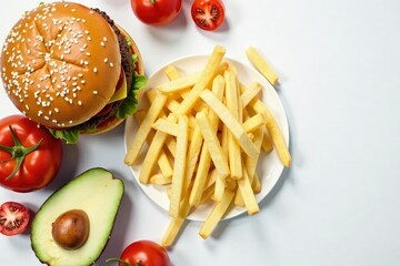 Overhead view of burger components on white background , top view, white background