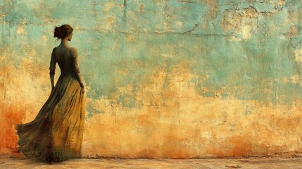 Solitude: A Woman in a Golden Gown Against a Weathered Wall
