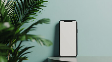modern smartphone is displayed against soft green wall, surrounded by lush green foliage, creating serene and stylish atmosphere. blank screen invites creativity and personalization