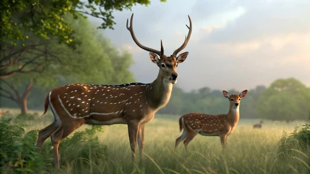Stunning landscape with a herd of deer, a majestic stag with large antlers standing in the foreground, surrounded by lush greenery and a hazy, atmospheric setting. Cinematic, highly realistic, 4K UHD.