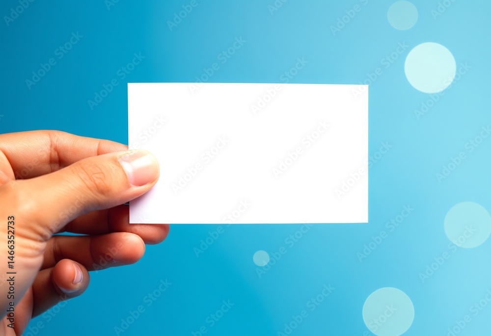 Poster a hand holds a blank white card against a blue background with soft circular light effects
