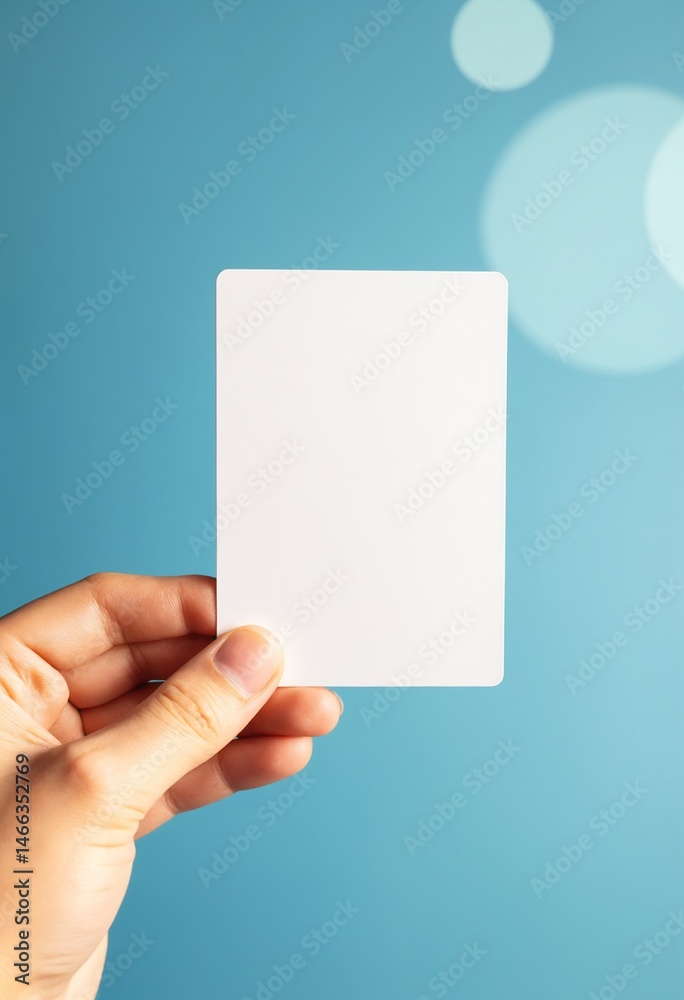 Poster a hand holds a blank white card against a blue background with soft circular light effects