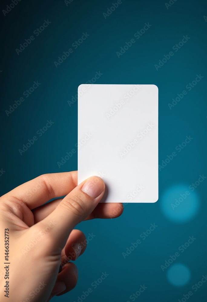 Poster a hand holds a blank white card against a blue background with soft circular light effects