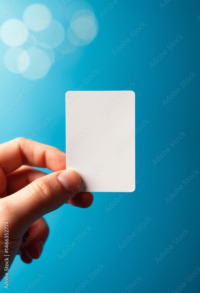 Poster a hand holds a blank white card against a blue background with soft circular light effects