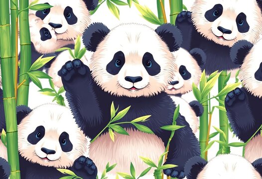 Adorable panda bear seamless pattern with bamboo stalks Plenty of copy space, print, baby panda