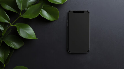 sleek smartphone rests on dark surface, surrounded by lush green leaves, creating modern and minimalistic aesthetic. blank screen invites creativity and personalization