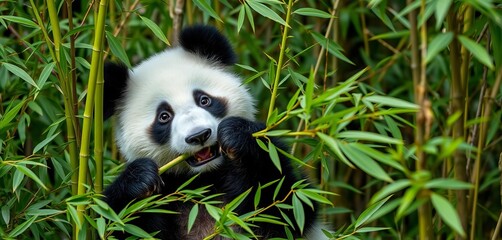 Obraz premium Adorable panda munching bamboo amidst vibrant green foliage, cartoon panda, illustration