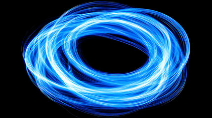 Abstract light painting with blue energy trails against dark backdrop creates dynamic circular motion and futuristic appearance