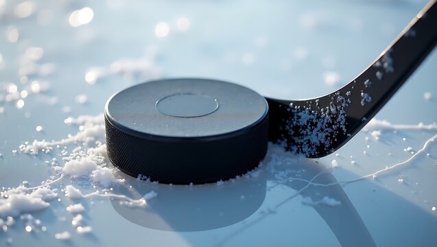 Close-Up of Ice Hockey Stick and Puck on Ice &ndash; IIHF 2025 Theme

