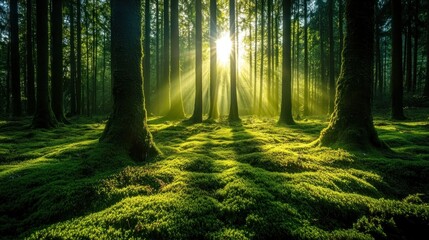 Obraz premium Sunlight streams through a lush forest (1)