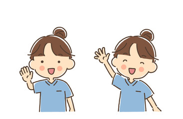 笑顔で片手を挙げているスクラブ姿の女性セット