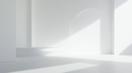bright and minimalistic interior space featuring white walls and flooring, with soft shadows and light creating serene atmosphere. design emphasizes simplicity and elegance, perfect for modern