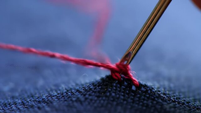 Close Up of Sewing Needle Piercing Dark Fabric with Bright Red Thread Detail