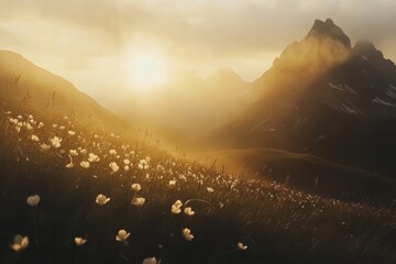 Timelapse-inspired golden hour on Alps, sun cresting over peaks, alpine flowers, high-altitude adventure