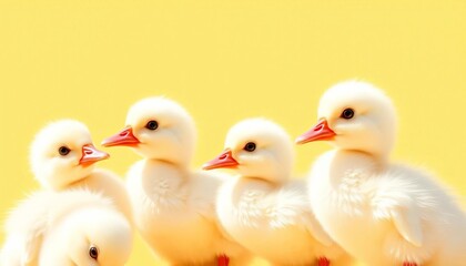 Fototapeta premium Adorable white ducklings on sunny yellow background, vector illustration, sunshine, spring