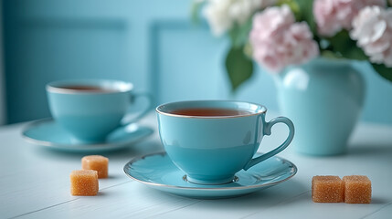 Vintage tea set with porcelain cups and saucers, brown sugar cubes on a white wooden table against a pastel blue background.