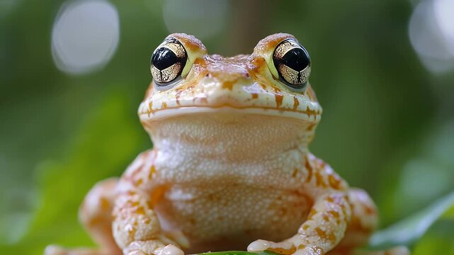 Close Up Photo of a Tan Frog with Black Speckled Eyes on Green Leaves Outdoors