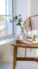 Cozy eco living room interior design with chair, table with dry grass and window, Daylight, beige colors