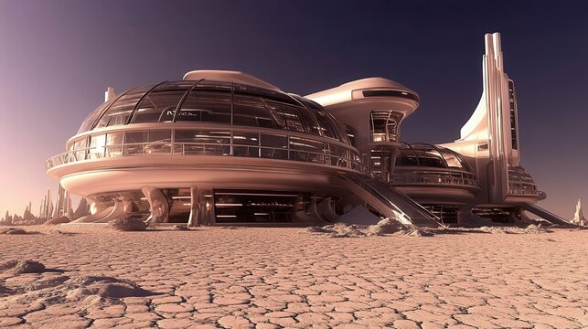 Futuristic research outpost on martian surface showcasing cutting-edge architectural design in a science fiction setting for space exploration