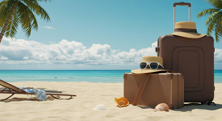 Naklejka premium Relaxing Beach Scene with Luggage, Hats, and Seashells in Sand