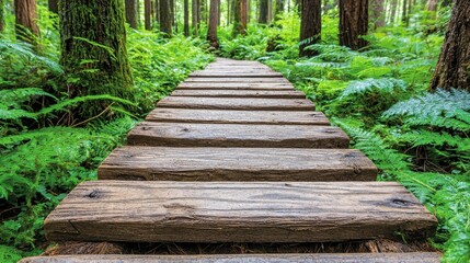 Obraz premium Wooden boardwalk path through lush green forest, sunlight dappled, showing textured wood and vibrant foliage. Tranquil and serene nature scene
