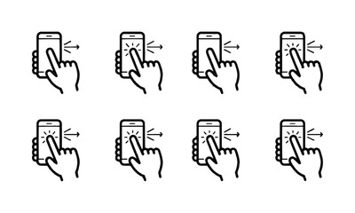 Modern vector icon set showing various hand gestures interacting with smartphones, easily scalable and editable.