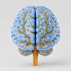 Stylized 3D rendering of a human brain with gold neural pathways, light blue brain matter, and a clean white background. The image uses a detailed
