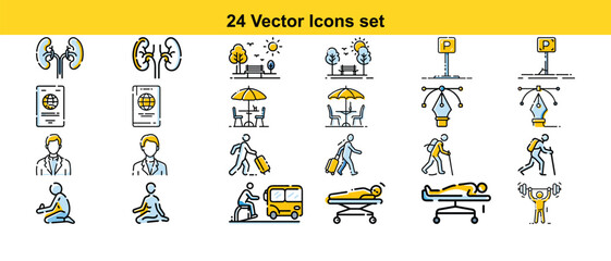 24 Vector Icons Set Healthcare, Travel, and Lifestyle Illustrations