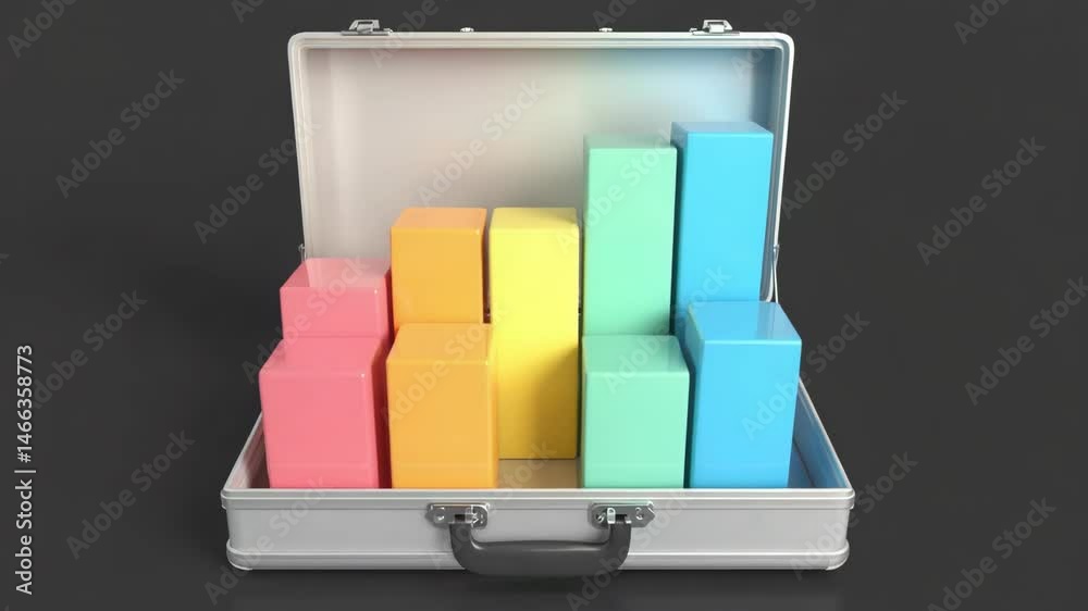 Poster a silver briefcase contains colorful 3d bar chart blocks arranged in height, symbolizing business da