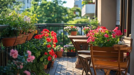Sunny balcony garden with colorful flowers
