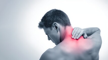 Young man touching neck in pain alone on white background, showing physical strain and discomfort from neck pain, back pain, illness