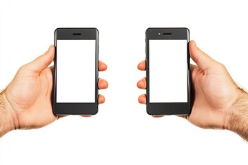 Two hands hold smartphones, blank screens