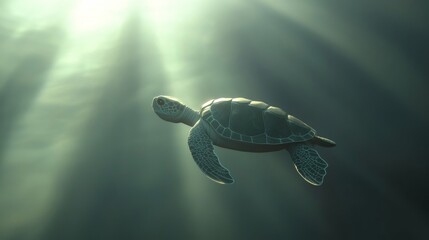 Fototapeta premium Closeup of a 3D Small Sea Turtle Swimming Vigorously Back View