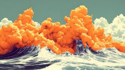 Orange clouds over azure waves