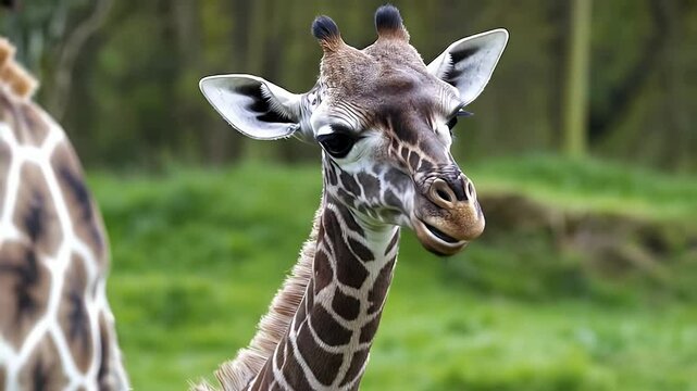 Close Up Portrait of a Giraffe with Brown Spots in the Wild in Lush Greenery